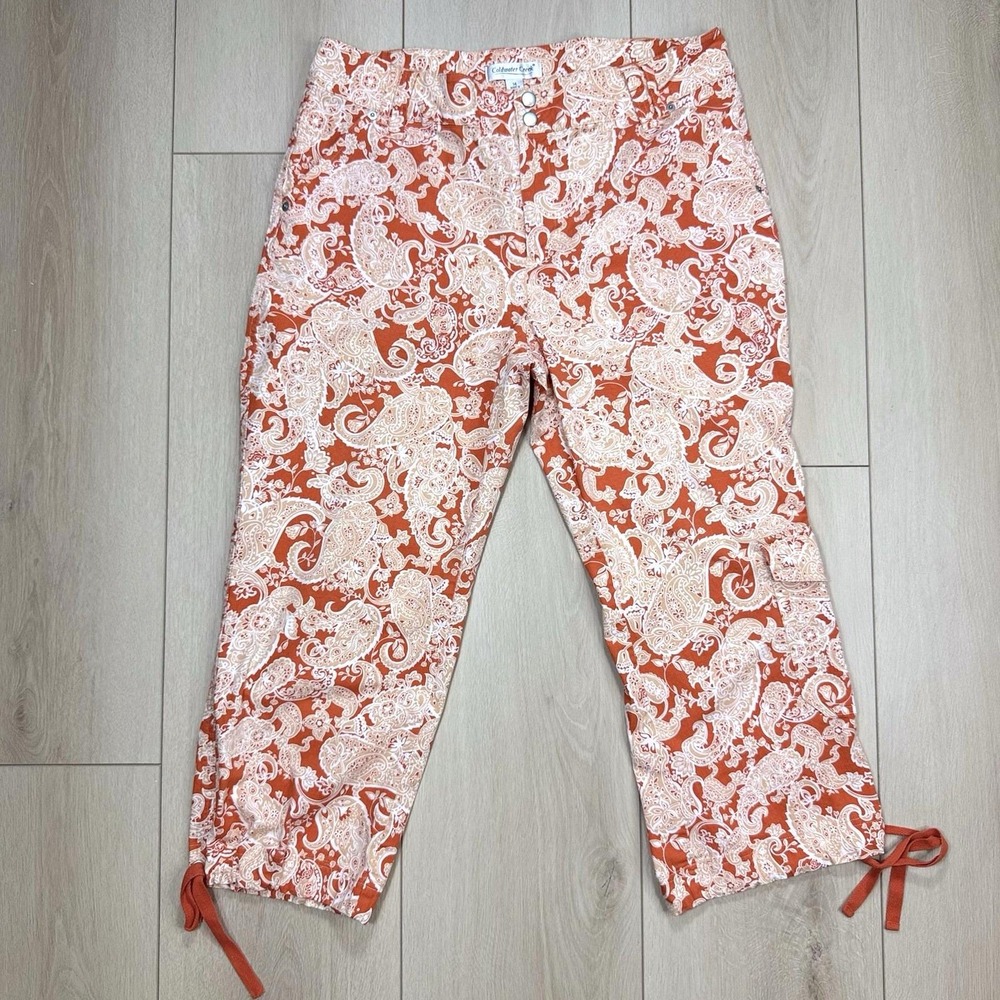 Coldwater Creek Paisley Capri Pants Women 14 Orange Beige Stretch Crop Casual